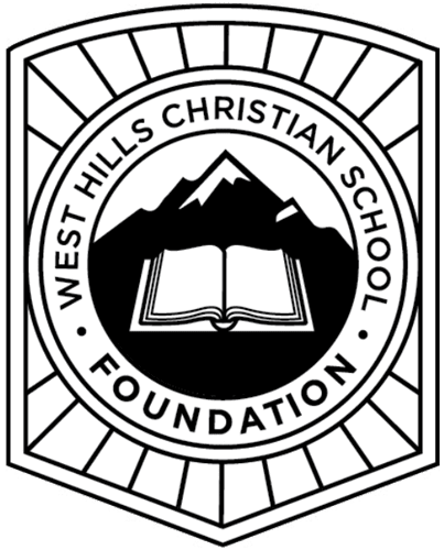 West Hills Christian School Foundation logo featuring a mountain, open book, and school name.